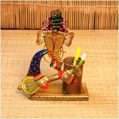 Ganesh Pen Stand | Iron Painted Lord Figurine Desk Organizer for Spiritual Decor