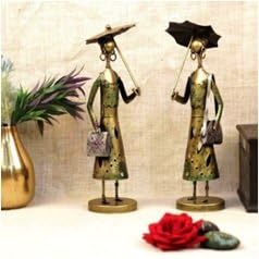 Umbrella Lady Figurines Set of 2 | Painted Iron Showpieces for Artistic Home Styling