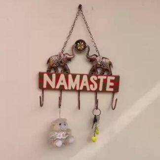 Elephants Namaste Art With Key Holder with 5 Hook, Wall-Mounted Key Hanger for Home and Office Decor, Stylish Key Holder with 5 Hooks for Living Room, Wall Hanging