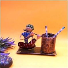 Musical Player Pen Stand | Iron Painted Figurine with Stationery Holder for Table Decor