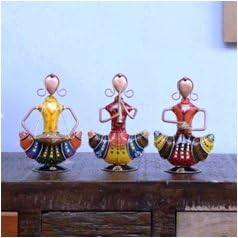Metallic Sitting Doll Figurines Set of 3 | Painted Iron Decorative Showpieces for Table or Shelf Decor
