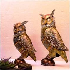 Owl Set of 2 | Colourful Antique Bird Figurines for Table or Garden Shelf Decor