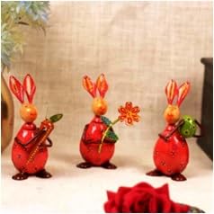 Rabbit Egg Figurines Set of 3 | Iron Painted Small Decorative Animals for Table Display