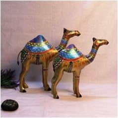 Painted Camel Figurines Set of 2 | Colourful Iron Animal Showpieces for Table Decor