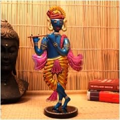 Painted Krishna Figurine | Multicolour Iron Decor Idol for Temple or Wall Shelf