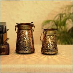 Gold Metal Candle Holder Set of 2 | Decorative Table T-Light Stands for Festive Setup