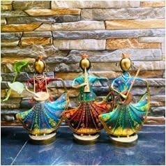 Rajasthani Musician Lady Figurines Set of 3 | Metal Cultural Showpieces for Home Decor