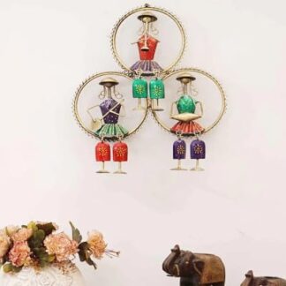 Lady Musicians in Ring Wall Hanging | Circular Wall Frame with Tribal Female Artists | Artistic Ethnic Metal Wall Accent for Festive or Traditional Decor