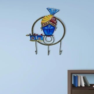 Beautiful Lord Krishna with Flute Key Holder | Spiritual Wall Organizer with Decorative Hooks | Artistic Indian God Theme Iron Wall Accent for Entry or Puja Room