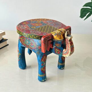 Handcrafted Wooden Elephant Stool for Home Decoration, Wooden Mini Stool, Elegant Tabletop and Shelf Decor for Living Rooms, Bedroom or Offices (Blue)