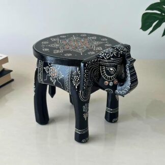 Handcrafted Wooden Elephant Stool for Home Decoration (Black) Compact Plant Stand, Small Side Table for Living Room, Bedroom, or Office, Modern Black Elephant Decor