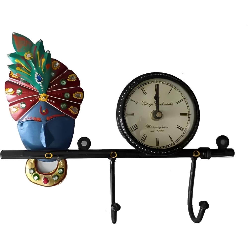 Krishna Wall Clock with Dual Hooks | Spiritual Timepiece with Utility Hangers