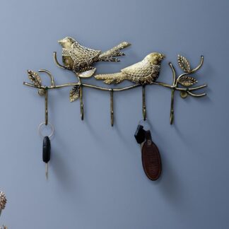 Antique Handmade Wall Hook – 2 Bird Design with 5 Hooks | Hand-Painted Iron Key Holder & Entryway Organizer | 13x8 Inch, Golden Finish