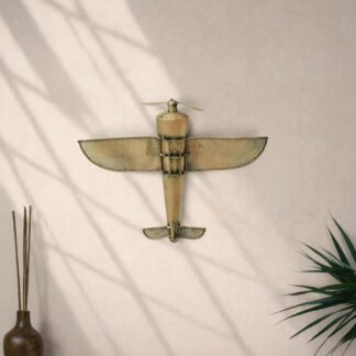 Golden Metal Aeroplane Wall Decor Showpiece | 19.5 x 8 x 16 Inch | 3D Helicopter Aircraft Wall Sculpture for Living Room | Housewarming Gifts & Aviation Home Decoration