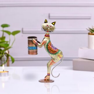 Golden Metal Cat Pen Stand & Pencil Holder | L19 x W9 x H31 cm | Premium Table Decoration Showpiece for Living Room | Cute Animal Desk Organizer & Housewarming Gift
