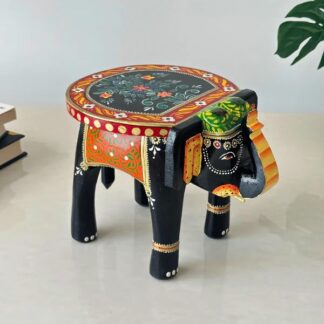Handcrafted Wooden Elephant Stool for Home Decoration, Multicolour Artistic Furniture, Compact Side Table, Decorative Plant Stand for Living Room, Bedroom, or Office (Green Leaf)
