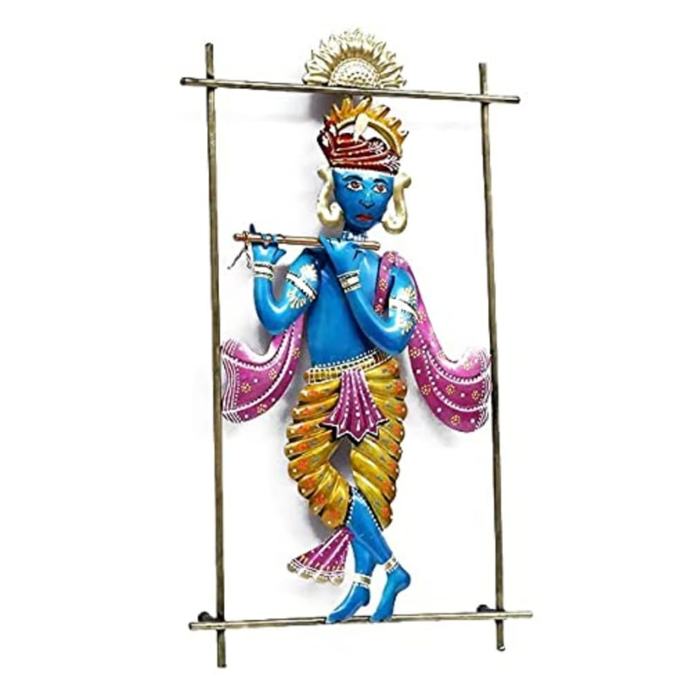 Multicolour Krishna Wall Decor | Artistic Flute-Playing Lord Wall Hanging Showpiece
