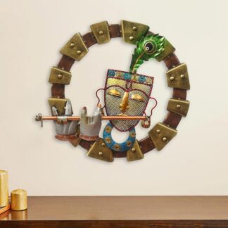 Golden Round Lord Krishna With Fluet with LED for Wall Decor, Elegant Wall Art, Spirituality and Modern Design for Home Decoration, Unique Decorative Accent for Living Room, Bedroom