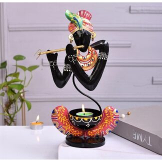 Handcrafted Krishna Tea Light Candle Holder | Hand-Painted Iron Metal Figurine Showpiece | Diwali Pooja Room Decor | Housewarming & Festive Gift | 21 x 12 x 8 CM (Black)