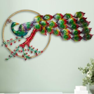 Multicolour Peacock Single Ring Metal Wall Art Decor | Vibrant Bird in Circular Frame | Artistic Wall Accent for Bedroom, Gallery or Indian Traditional Decor