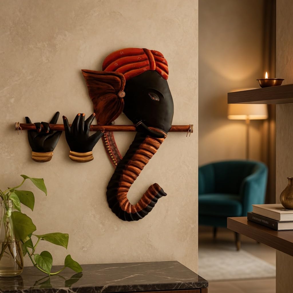 Metal Wall Art for Living Room β Lord Ganesha Playing Flute Wall Hanging Sculpture | Decorative Religious Metal Wall Decor for Home, Pooja Room Temple | Housewarming Gift (43 cm)