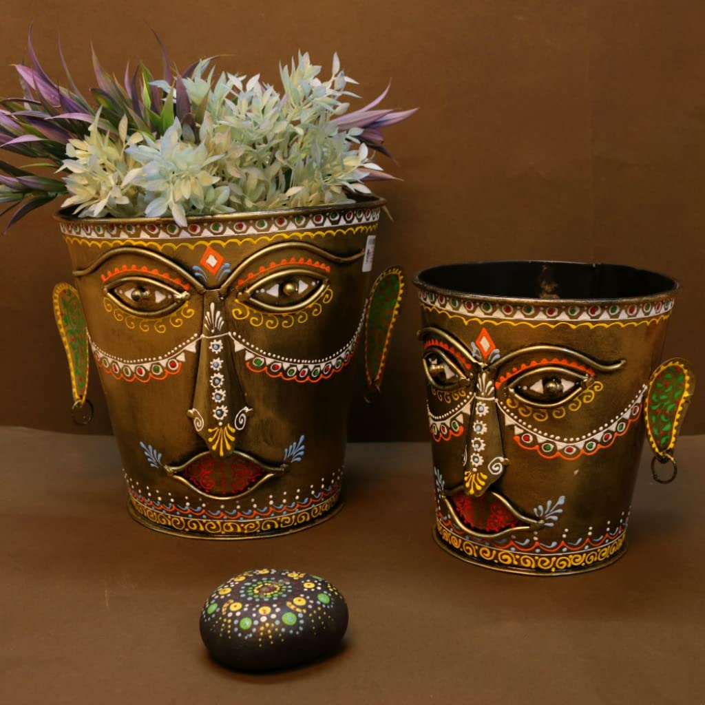 Iron Bucket Planter Set of 2 | Hand-Painted Decorative Metal Pots for Indoor Plants