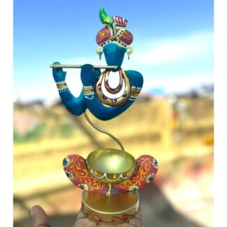 Krishna Tea Light Candle Holder Stand | Handcrafted Metal Diya Stand for Home Decor | Elegant Decorative Tea Light Holder for Diwali, Housewarming & Festive Gifting (Blue, 10 Inch)
