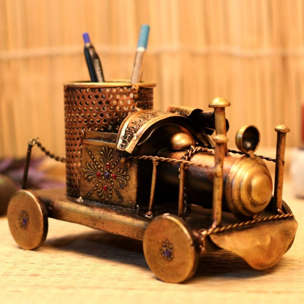 Metal Engine Shape Car Pen Stand | Antique Metal Pen, Pencil Holder | Desk Organizer for Office, Tabletop, Shelf Decoration | Stylish Stationery Holder for Home, Office Decor