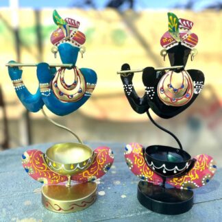 Krishna Tea Light Candle Holder Set of 2 | Handcrafted Metal Diya Stand for Home Decor | Elegant Decorative Tea Light Holders for Diwali, Housewarming Festive Gifting - Blue & Black