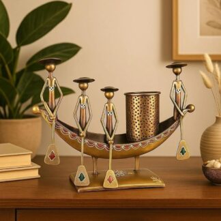 Antique Metal Boat Pen Stand | 4-Man Rowing Design (Copper Gold) | Vintage Pencil Holder & Desk Organizer for Office Table | Handicraft Corporate Gift & Study Table Showpiece