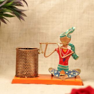 Iron Sitting Krishna Pen Stand Showpiece for Home decoration, Handcrafted Pen Holder with Divine Krishna Design, Desk Organizing, legant Home Decor Item for Home and office