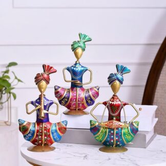 Sitting Sardar Set of 3 Handcrafted Rajasthani Musician Figurines | Traditional Home Decor Showpiece for Living Room, Office Desk & Shelf | Decorative Items for Table | 33 cm