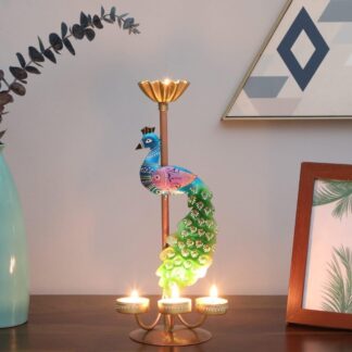 Elegant Metal Peacock Candle Holder Metal Decorative tealight Candle Holders | Tealight Holders | Diya Holder for Home décor- 14L x 10W x 34H CM (Peacock Tea Light)