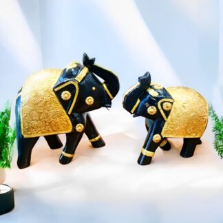 Wooden Elephant Figurine Set of 2 | Golden Decorative Animal Showpieces for Table Decor