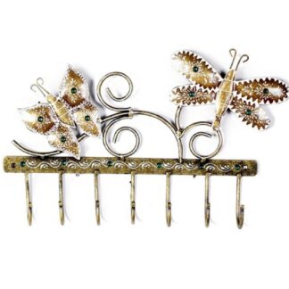 Antique Handmade Wall Hook | Golden 2 Butterfly Design with 7 Hooks | Iron Key Holder | 12x9 Inch | Hand-Painted Home Decor | Entryway Key Organizer | Golden Finish