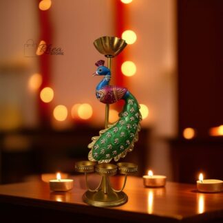 Multicolour Peacock Candle Stand | Artistic Stationery Holder for Office or Study Table