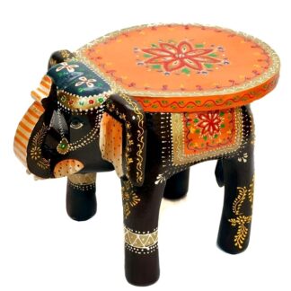 Murti Elephant Stool for Home Decor | Elephant Shape Handpainted Wooden Round Stool | Mangal Decorative stools for Home Decor | Elephant Stool Wooden for Home Decor (Orange & Black)