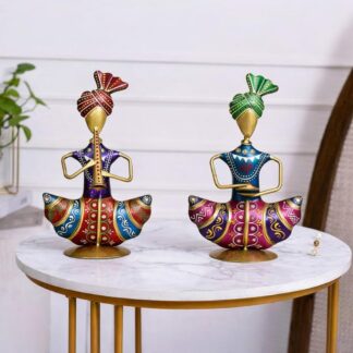Sitting Sardar Set of 2 Handcrafted Rajasthani Musician Figurines | Traditional Home Decor Showpiece for Living Room, Office Desk & Shelf | Decorative Items for Table | 16 cm