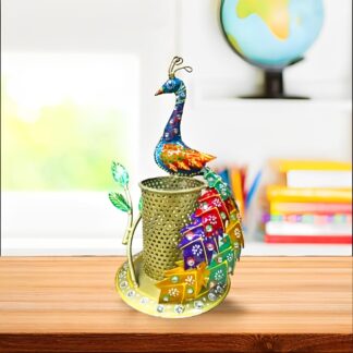 MultiColour Beautiful Peacock Pen Stand, Metal Desk Organizer, Stationery Holder for Home, Office, Showpiece for Study Table, Pen, Pencil Holder for School, College, and Corporate Use