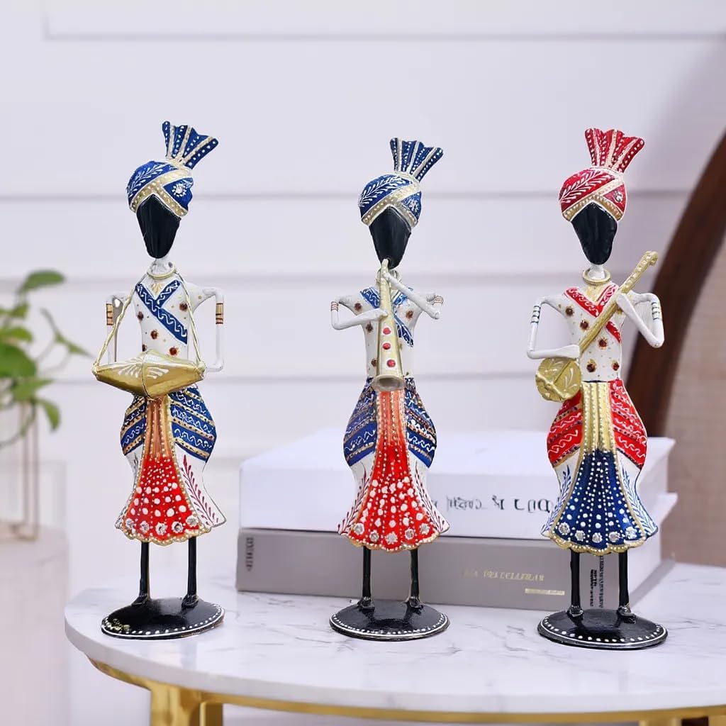 Handcrafted Rajasthani Musician Figurines | Traditional Indian Art Showpiece for Home, Living Room, Office & Table Décor | Decorative Gift Item (White Tribal Musician)