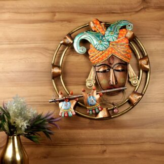 Halo Iron Painted Round Lord Krishna with Flute for Wall Decor, Handcrafted Metal Frame For Home Decoration , Spiritual Metal Wall Hanging, Elegant Design for Living Room, Bedroom, or Temple