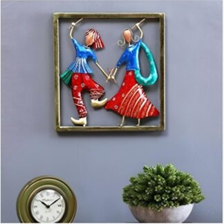 2 Couple Playing Dandiya in Frame for Wall Decor Multicolour, Handcrafted Dandiya Dance Wall Art for Home and Office Decoration, Stylish Indian Showpiece for Festive Decor