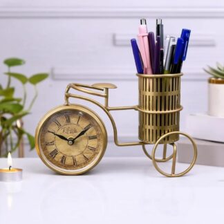 Golden Metal Cycle Figurine with Pen Stand | H14 x W10 x L25 cm | Premium Table Decoration Showpiece for Living Room | Housewarming Gifts & Antique Desk Organizer