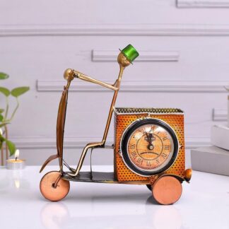 Iron Scooter with Human Pen Stand with Clock, Stylish Desk Organizer for Office, Home, Unique Tabletop Showpiece for Study, Workspace, Gift for Bike Lovers, Table Decorative Item
