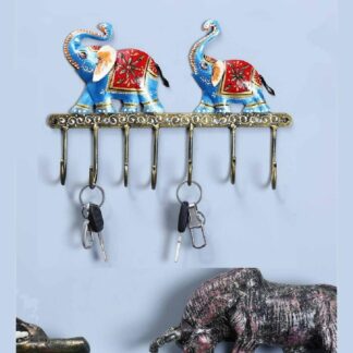 Antique Handmade Wall Hook – 2 Elephant Design with 7 Hooks, Hand-Painted Iron Key Holder for Home & Entryway – Rustic Finish (13x2x8 Inch)