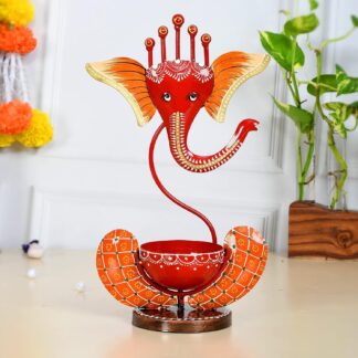 Ganesha Tea Light Yellow Decor | Handpainted Iron Candle Holder for Spiritual Festive Use