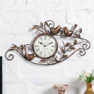 Brown Metal Analog Wall Clock with Birds | Artistic Nature Theme Iron Timepiece | Decorative Wall Accent for Hallway, Kitchen, Bedroom or Office Walls
