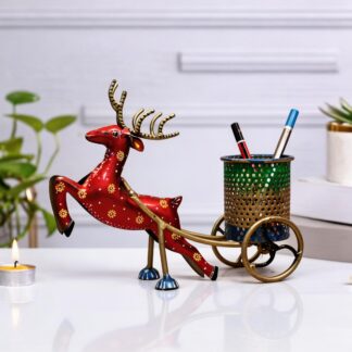 Red Metal Flying Deer Pen Stand | 20 x 9 x 12 cm | Decorative Items for Living Room & Office Desk Accessories | Cute Pencil Holder & Home Decor Gift Item