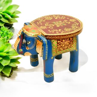Wooden Elephant Stool for Table Decoration, Handcrafted Wooden Mini Stool with Elephant Design, Traditional Charm to Modern and Classic Interiors, Unique Home Decor Item (Blue)