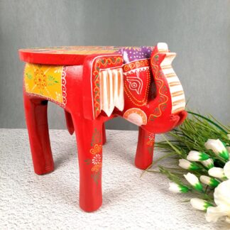 Wooden Elephant Stool for Table Decoration, Handcrafted Wooden Mini Stool with Elephant Design, Traditional Charm to Modern and Classic Interiors, Unique Home Decor Item (Red and Yellow)